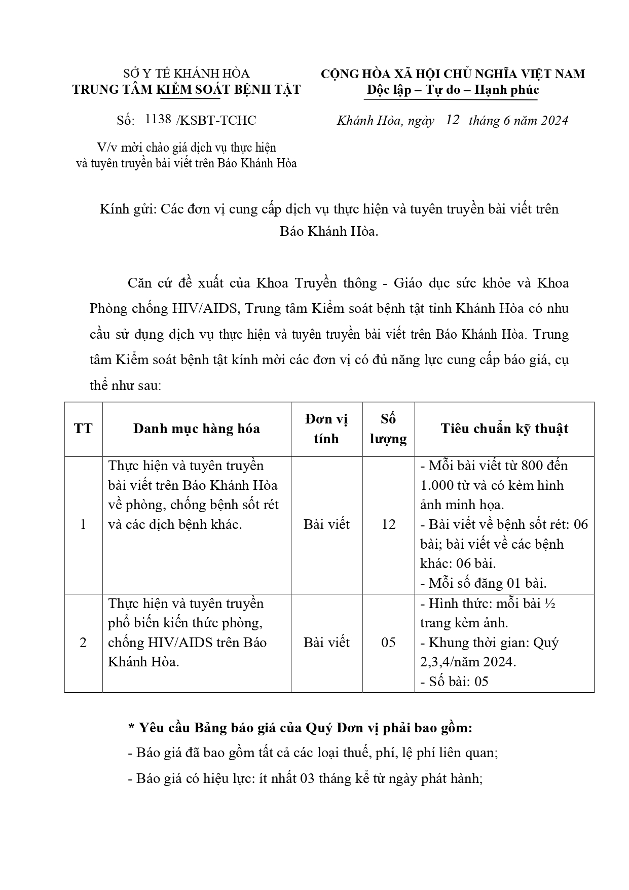 V/v mời chào giá dịch vụ thực hiện và tuyên truyền bài viết trên Báo Khánh Hòa